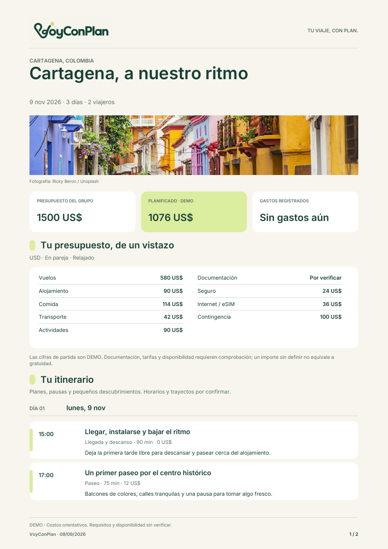 Primera página del nuevo PDF de VoyConPlan, con fotografía, presupuesto y composición continua.